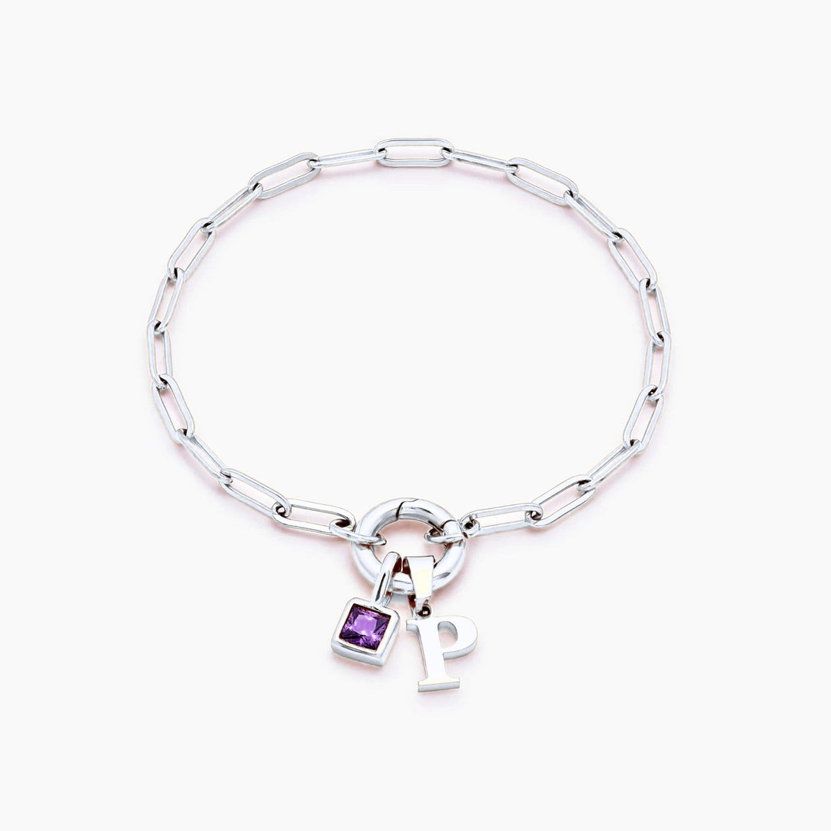 paperclip-initial-birthstone-bracelet — Silver / Feb-Amethyst