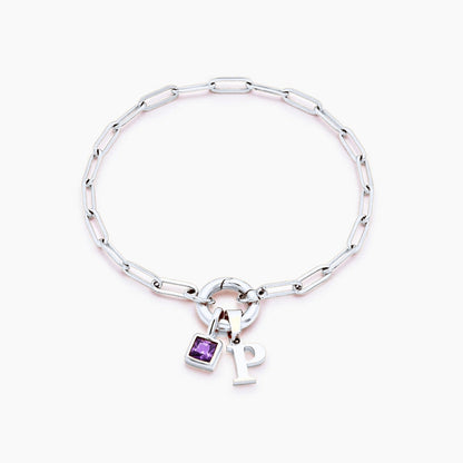 paperclip-initial-birthstone-bracelet — Silver / Feb-Amethyst