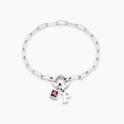 paperclip-initial-birthstone-bracelet — Silver / Jan-Garnet