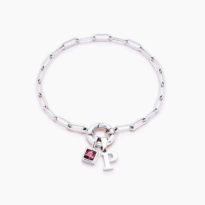 paperclip-initial-birthstone-bracelet — Silver / Jul-Ruby