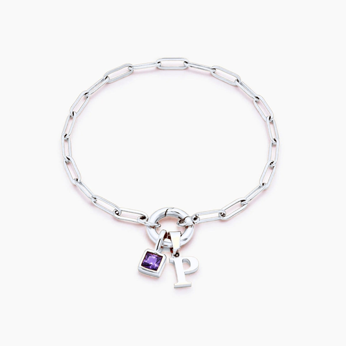 paperclip-initial-birthstone-bracelet — Silver / Jun-Alexandrite