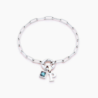 paperclip-initial-birthstone-bracelet — Silver / Mar-Aquamarine