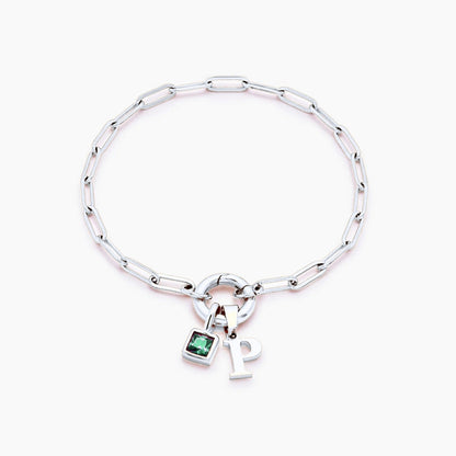 paperclip-initial-birthstone-bracelet — Silver / May-Emerald