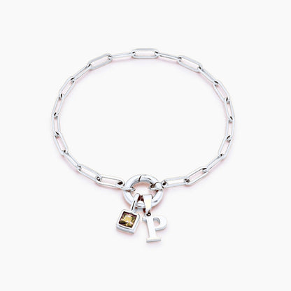 paperclip-initial-birthstone-bracelet — Silver / Nov-Citrine