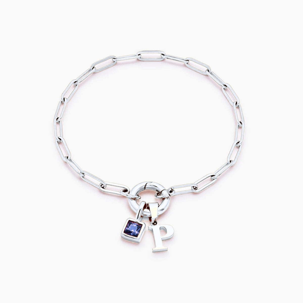 paperclip-initial-birthstone-bracelet — Silver / Sep-Sapphire