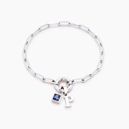 paperclip-initial-birthstone-bracelet — Silver / Sep-Sapphire