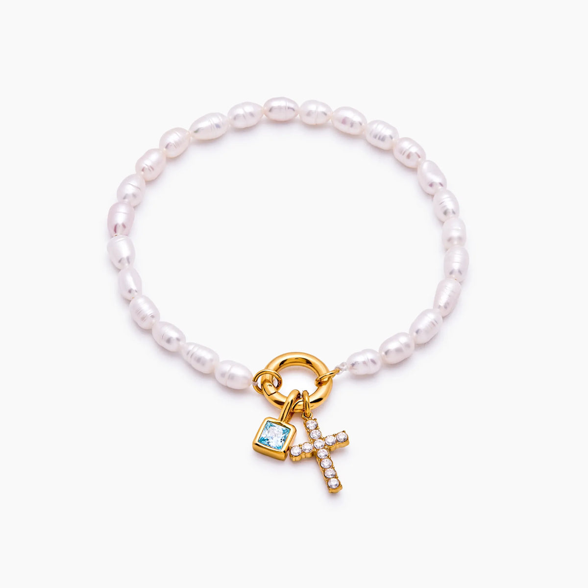 Pearl birthstone cross charm bracelet gold — Olivia Jewelry