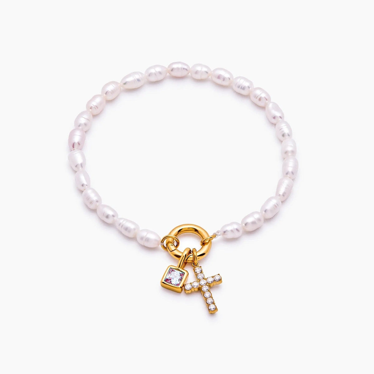 pearl-birthstone-cross-charm-bracelet — Gold / Jul-Ruby