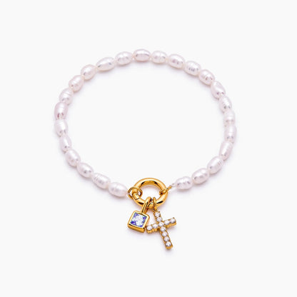 pearl-birthstone-cross-charm-bracelet — Gold / Jun-Alexandrite