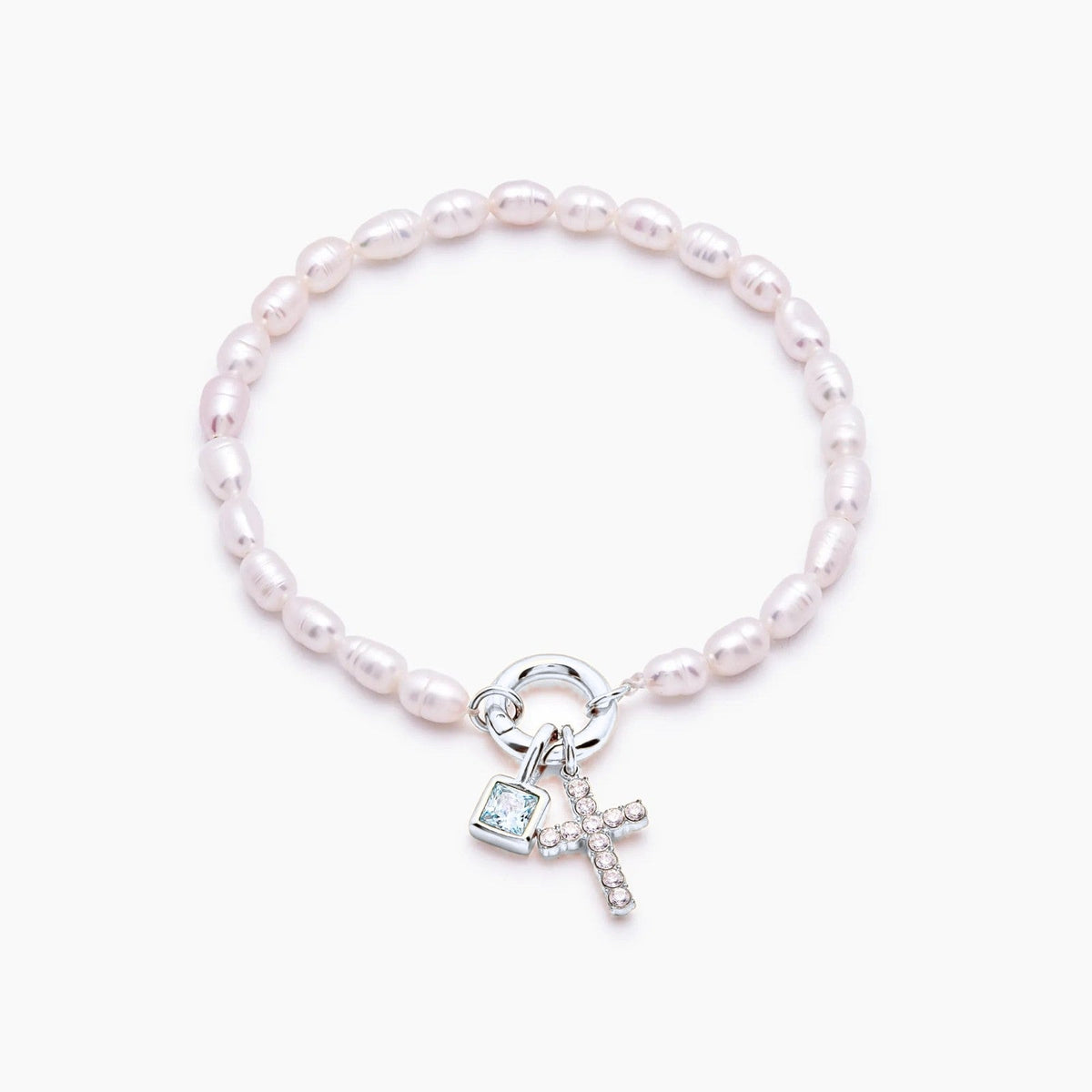 pearl-birthstone-cross-charm-bracelet — Silver / Apr-Diamond