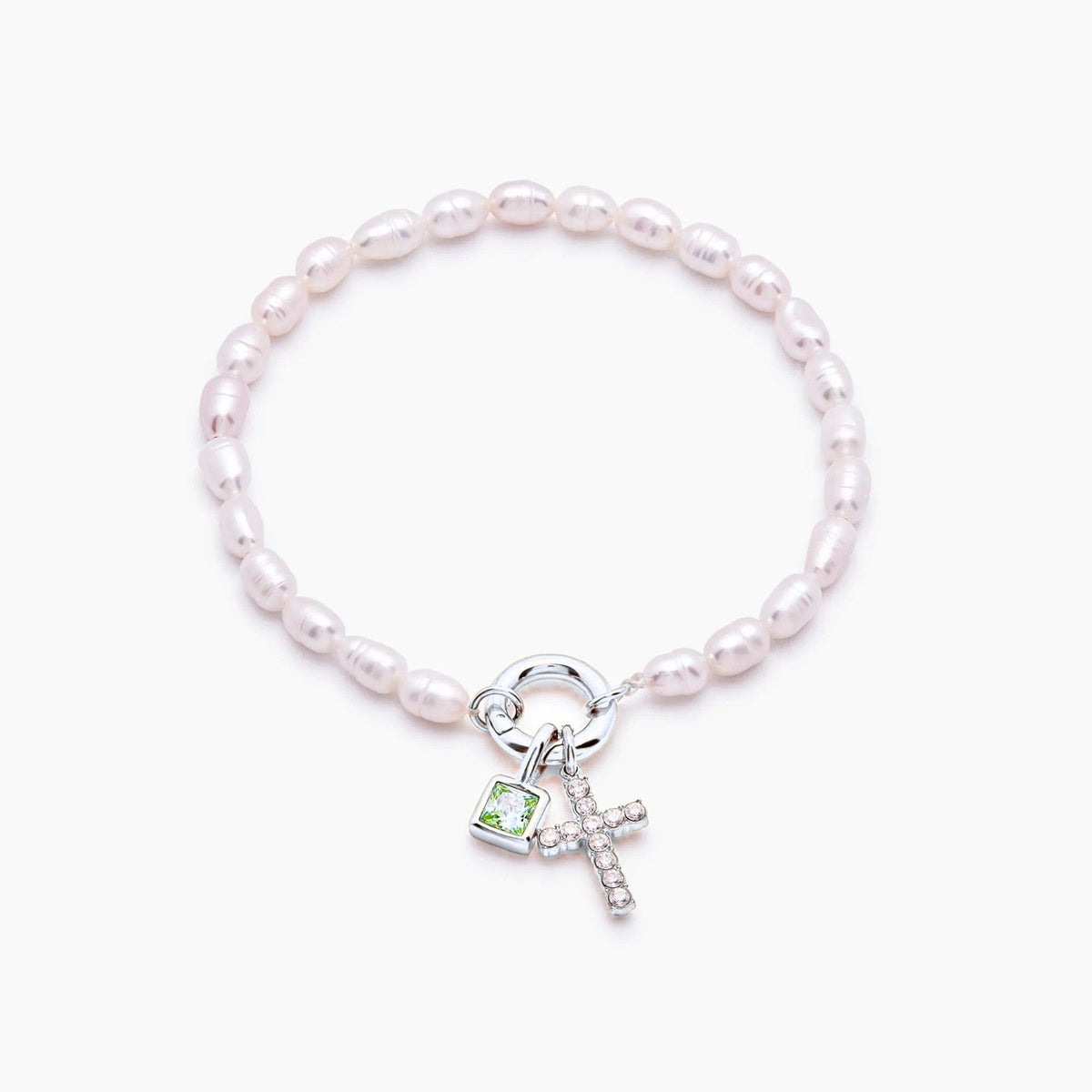 pearl-birthstone-cross-charm-bracelet — Silver / Aug-Peridot
