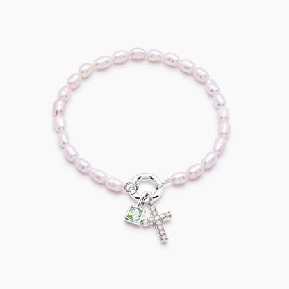 pearl-birthstone-cross-charm-bracelet — Silver / Aug-Peridot