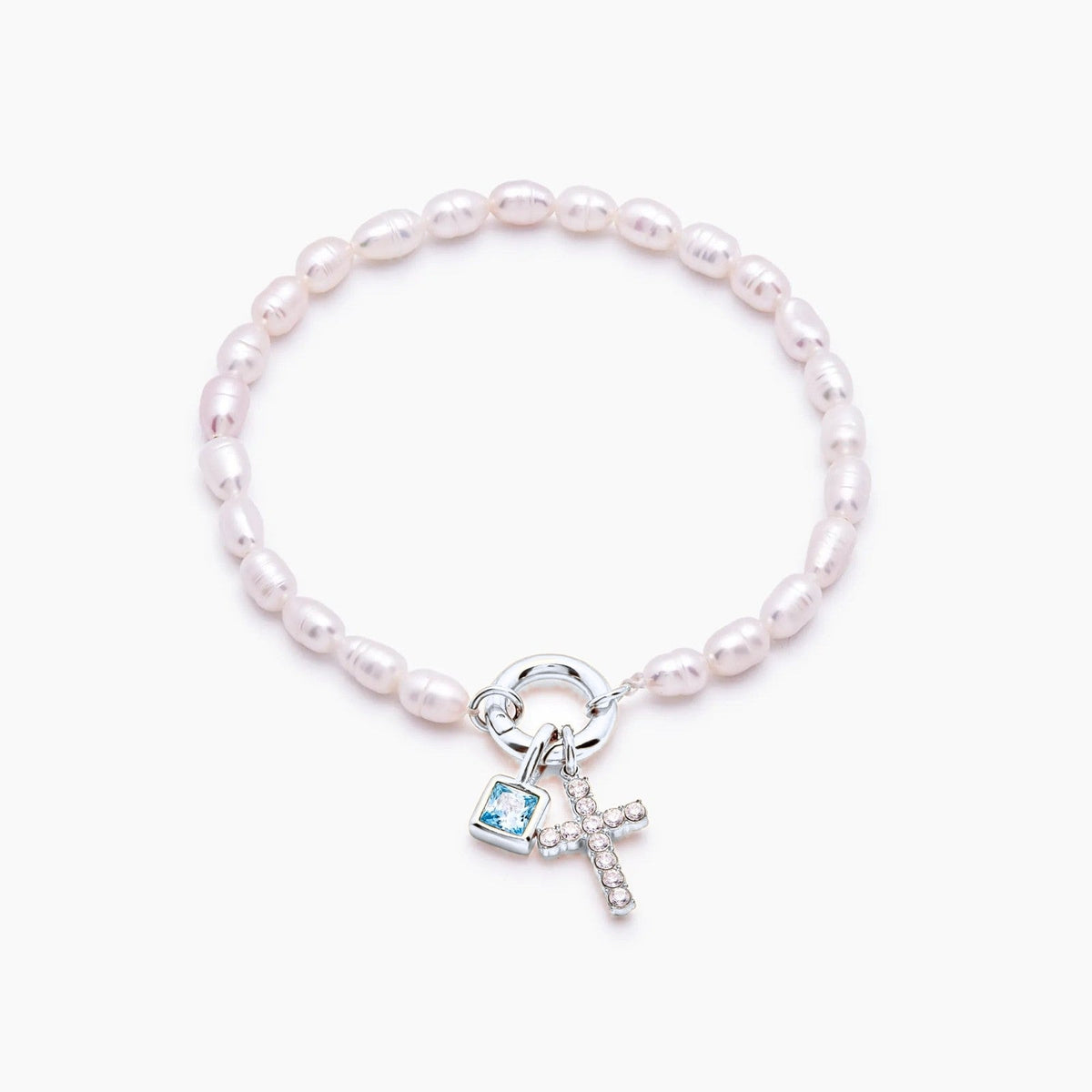 pearl-birthstone-cross-charm-bracelet — Silver / Dec-Blue Topaz