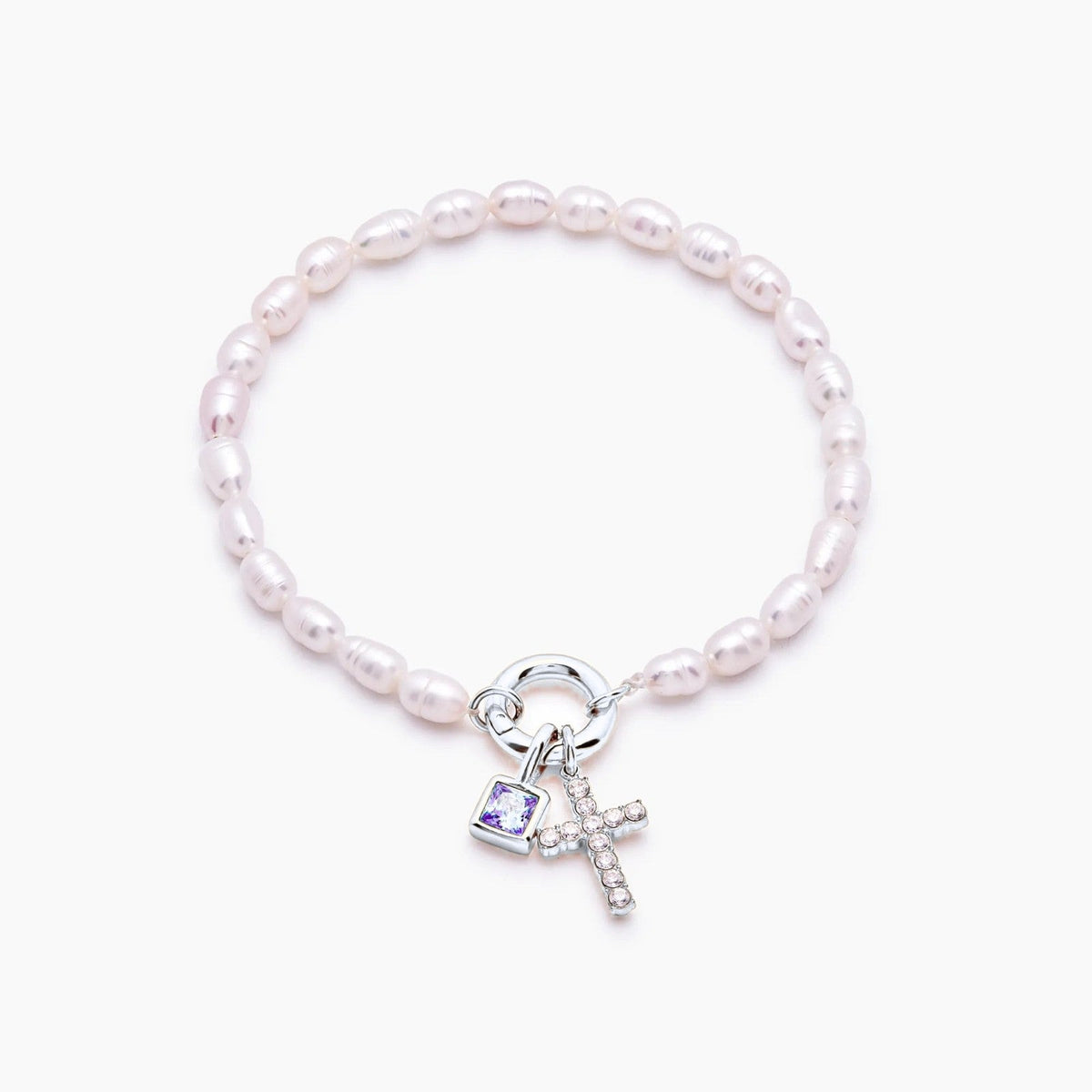 pearl-birthstone-cross-charm-bracelet — Silver / Feb-Amethyst