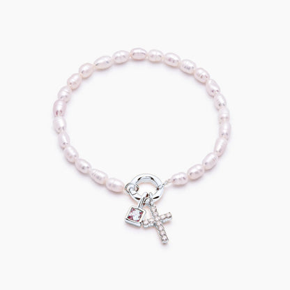 pearl-birthstone-cross-charm-bracelet — Silver / Jan-Garnet