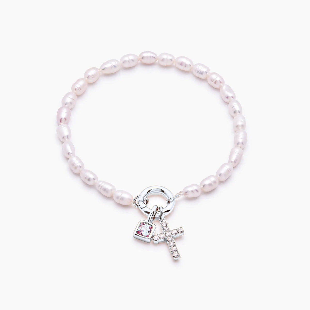 pearl-birthstone-cross-charm-bracelet — Silver / Jul-Ruby