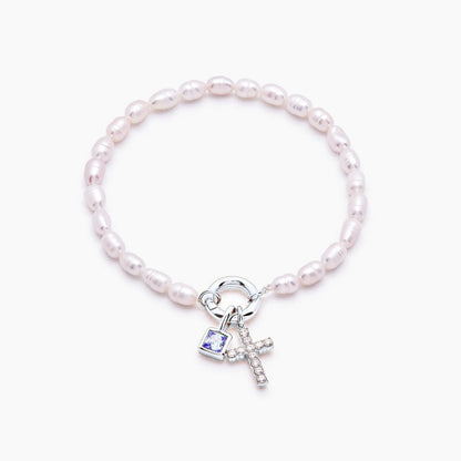 pearl-birthstone-cross-charm-bracelet — Silver / Jun-Alexandrite