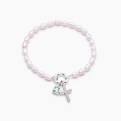 pearl-birthstone-cross-charm-bracelet — Silver / May-Emerald