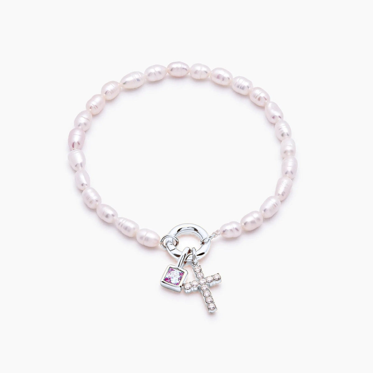 pearl-birthstone-cross-charm-bracelet — Silver / Oct-Pink Tourmaline