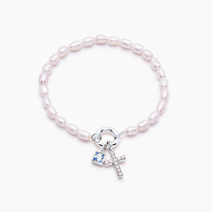 pearl-birthstone-cross-charm-bracelet — Silver / Sep-Sapphire