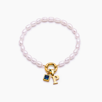 pearl-initial-birthstone-bracelet — Gold / Dec-Blue Topaz