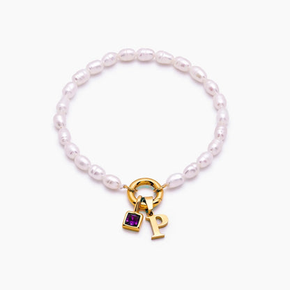 pearl-initial-birthstone-bracelet — Gold / Feb-Amethyst