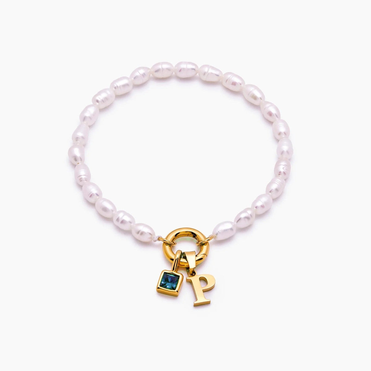 pearl-initial-birthstone-bracelet — Gold / Mar-Aquamarine