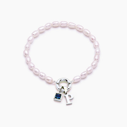 pearl-initial-birthstone-bracelet — Silver / Dec-Blue Topaz