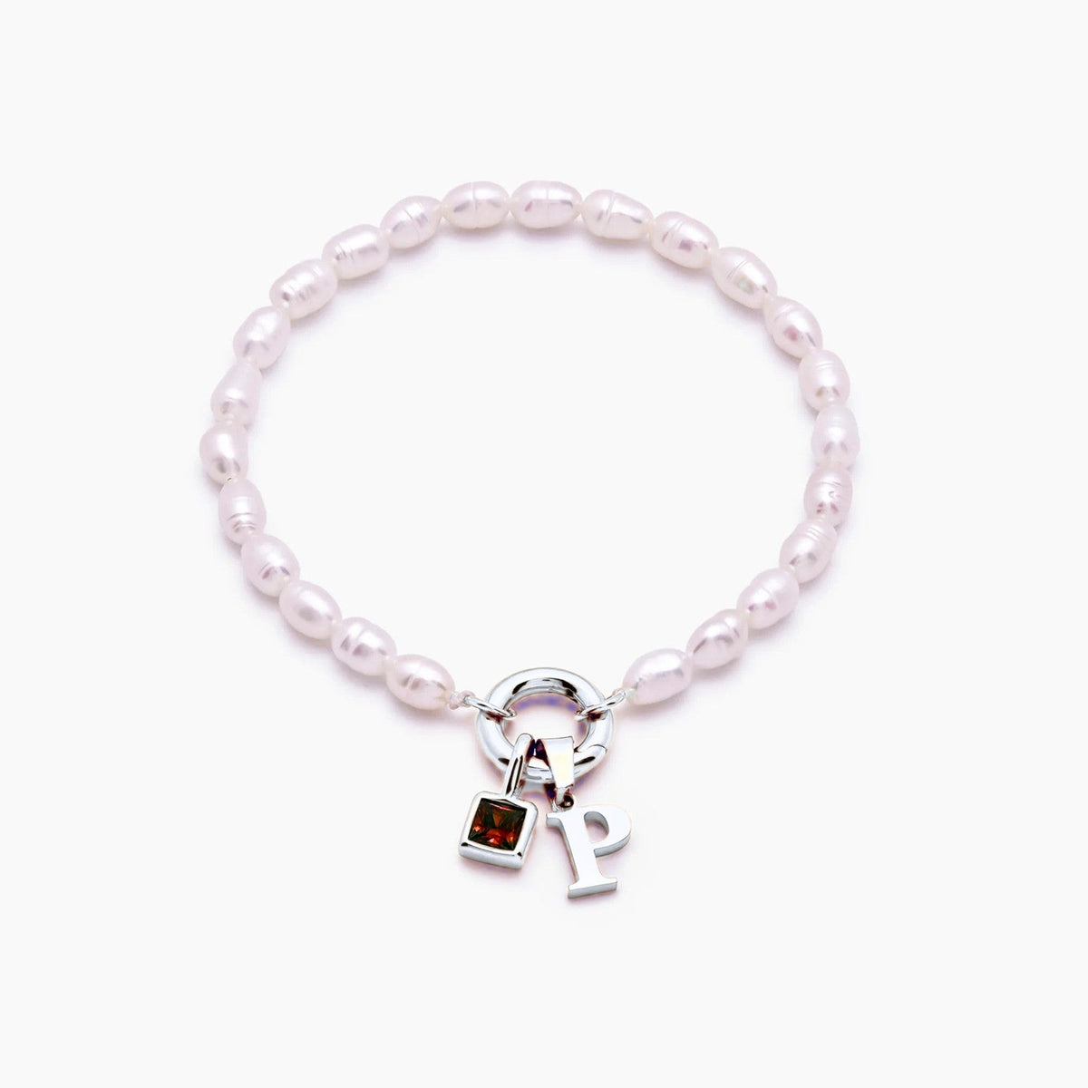 pearl-initial-birthstone-bracelet — Silver / Jan-Garnet