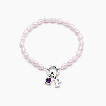 pearl-initial-birthstone-bracelet — Silver / Jun-Alexandrite