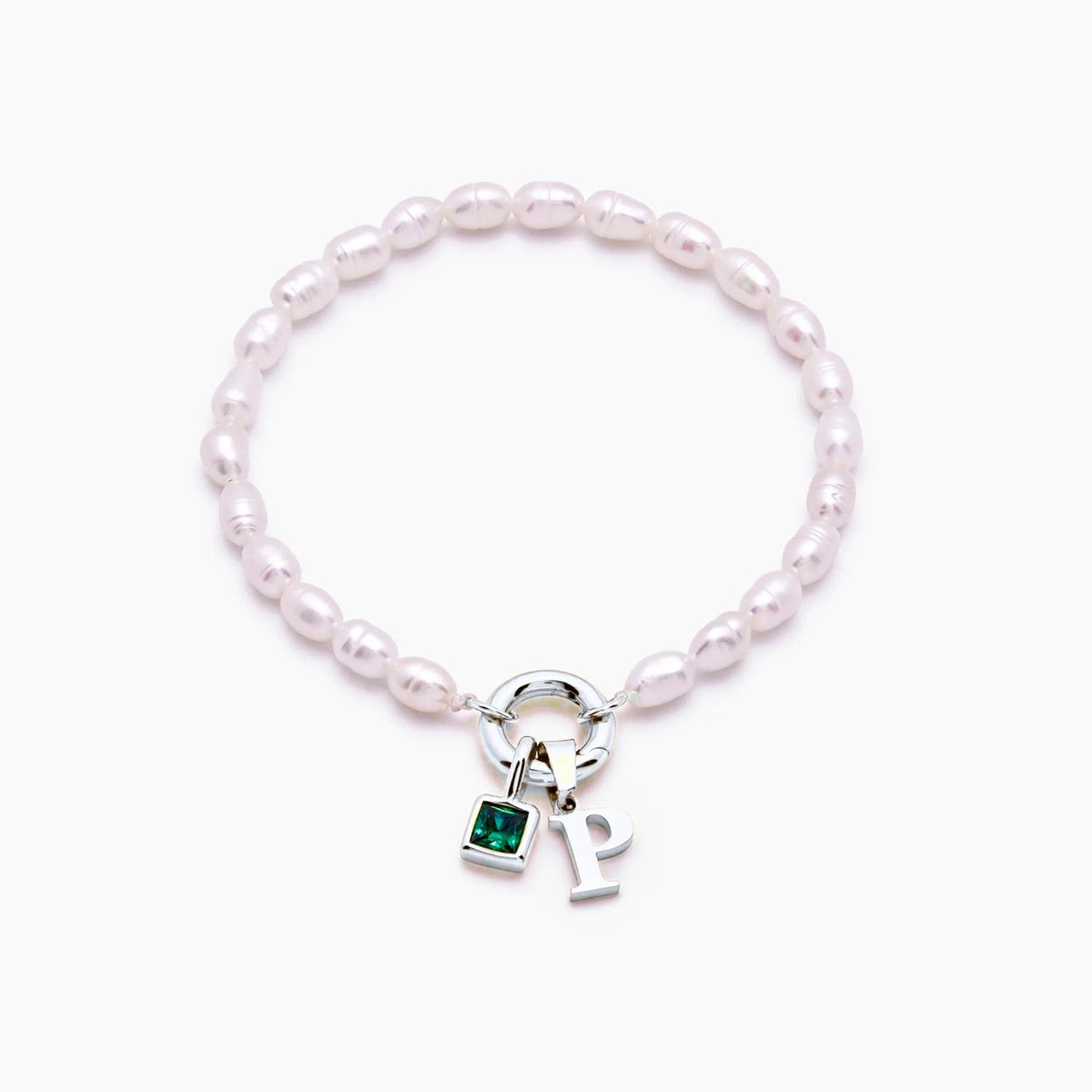 pearl-initial-birthstone-bracelet — Silver / May-Emerald