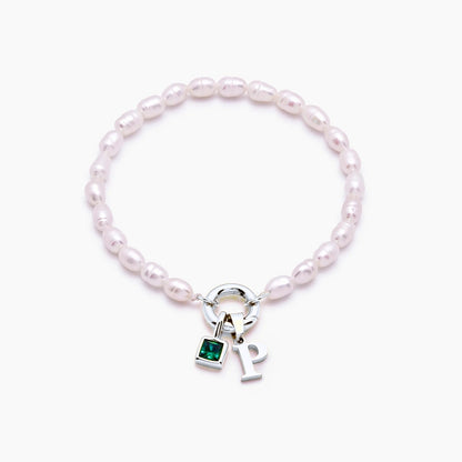 pearl-initial-birthstone-bracelet — Silver / May-Emerald