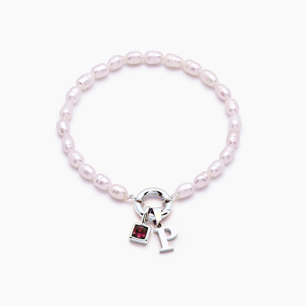 pearl-initial-birthstone-bracelet — Silver / Oct-Pink Tourmaline