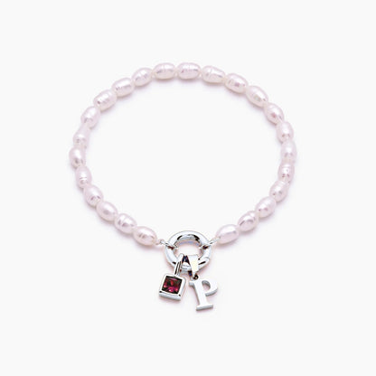 pearl-initial-birthstone-bracelet — Silver / Oct-Pink Tourmaline