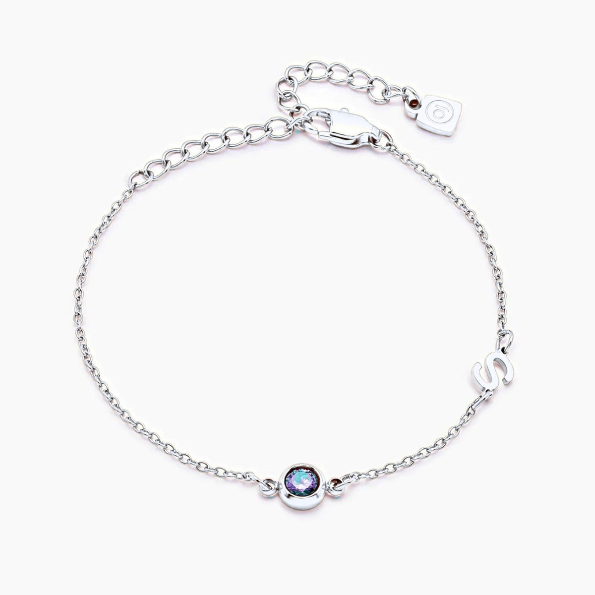 side-set-initial-birthstone-bracelet — Silver / Mar-Aquamarine