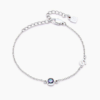 side-set-initial-birthstone-bracelet — Silver / Mar-Aquamarine