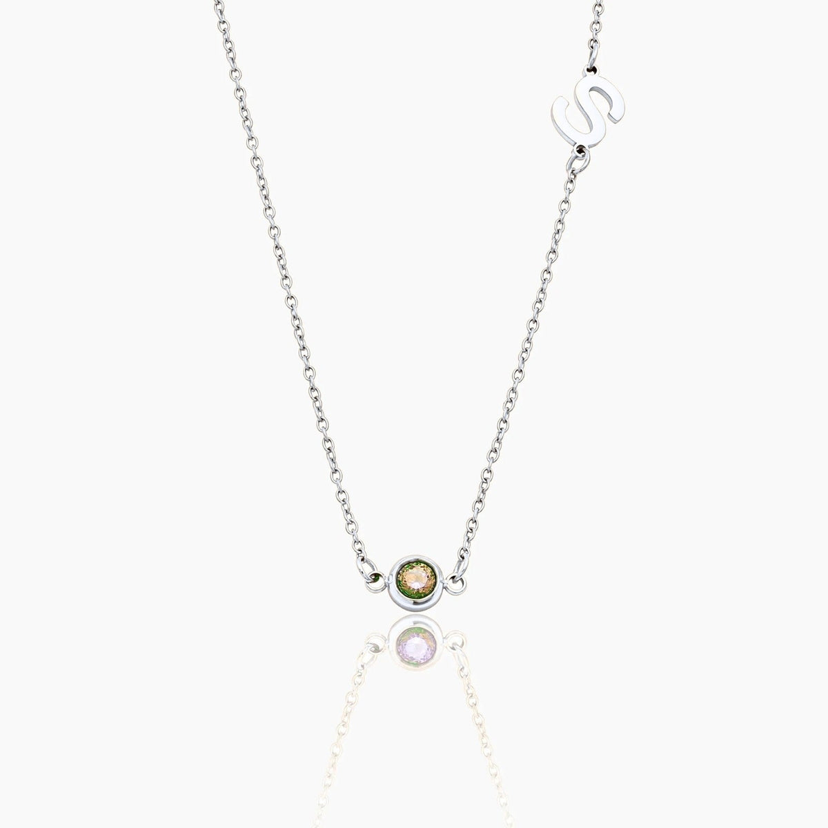 side-set-initial-birthstone-necklace — Silver / Aug-Peridot