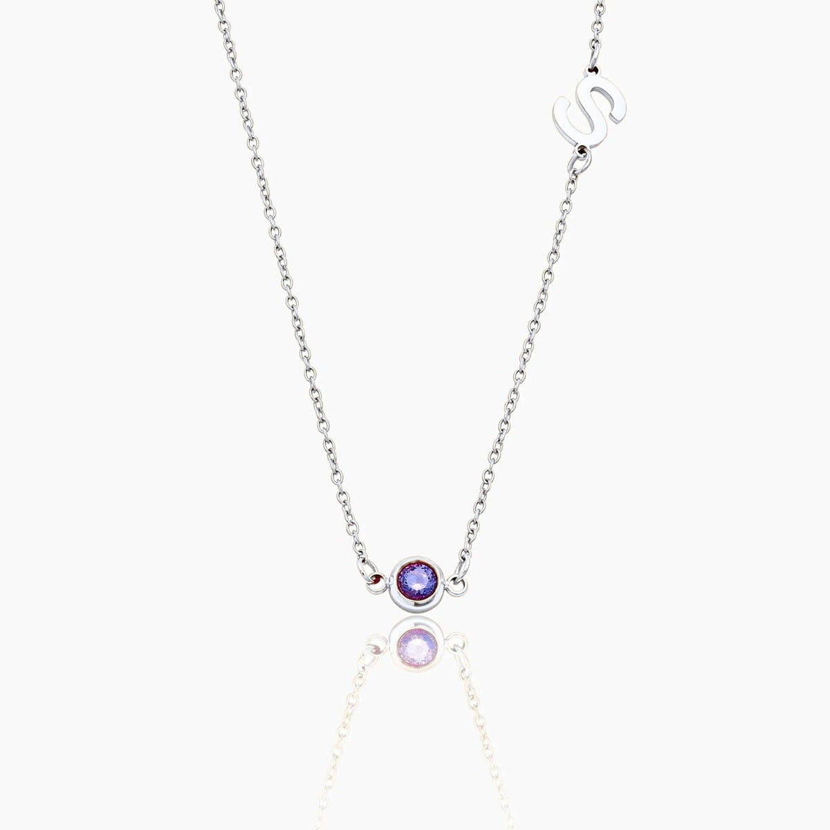 side-set-initial-birthstone-necklace — Silver / Feb-Amethyst