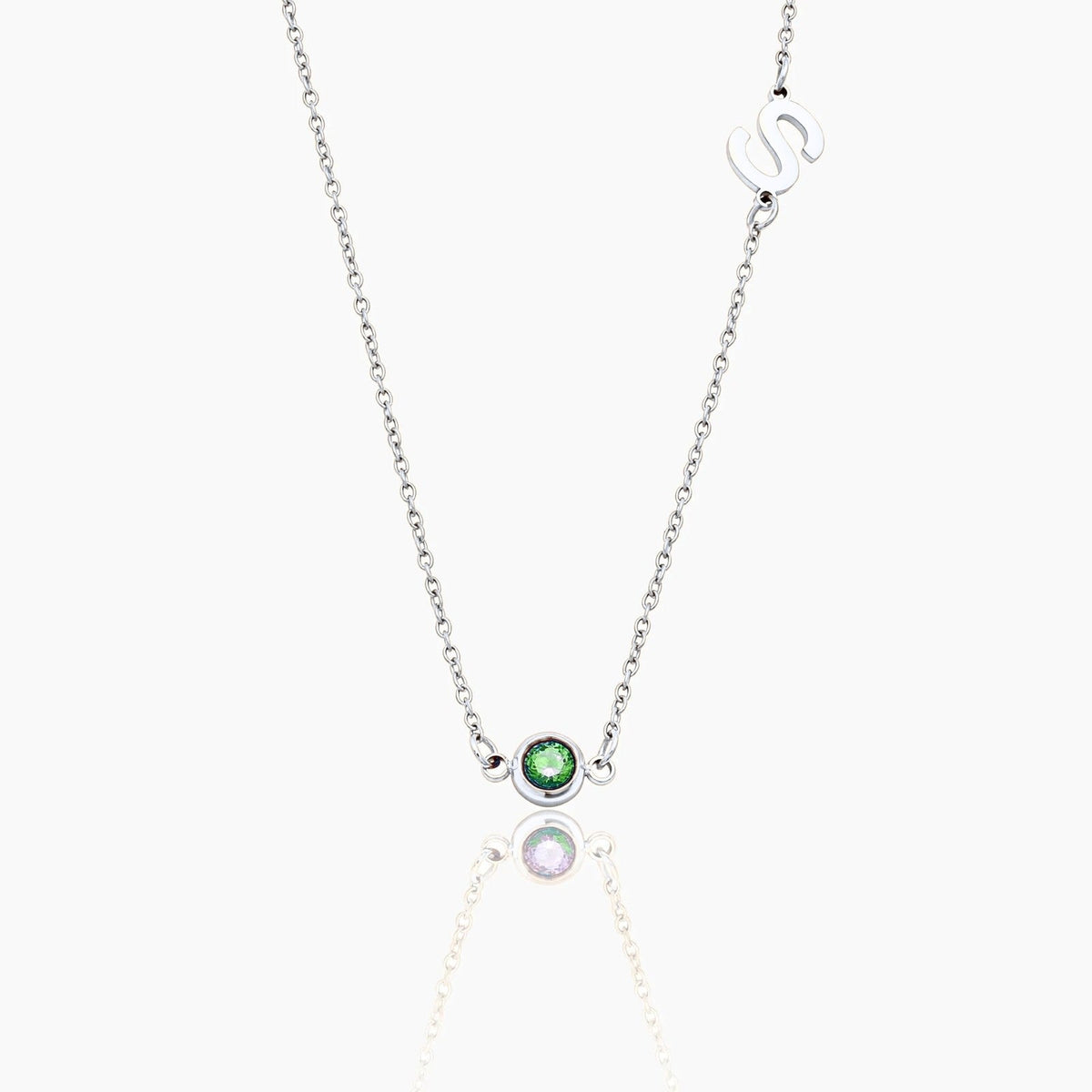 side-set-initial-birthstone-necklace — Silver / May-Emerald