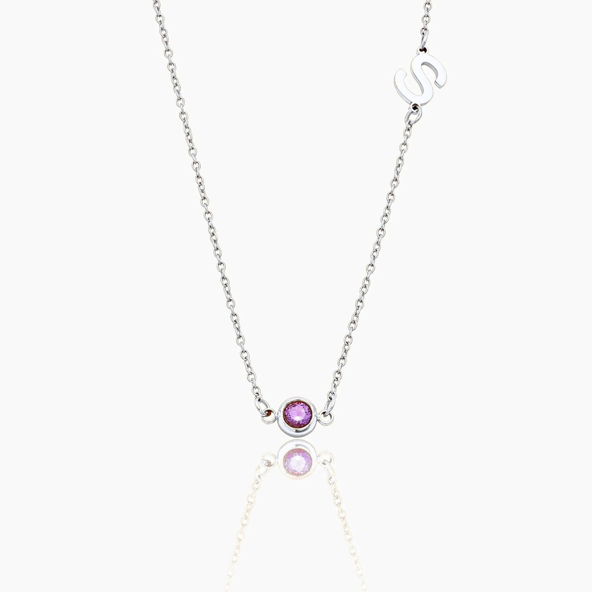 side-set-initial-birthstone-necklace — Silver / Oct-Pink Tourmaline