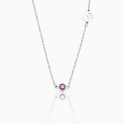 side-set-initial-birthstone-necklace — Silver / Oct-Pink Tourmaline